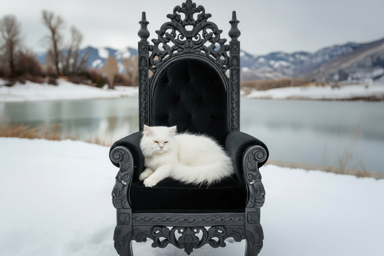 White cat on black throne